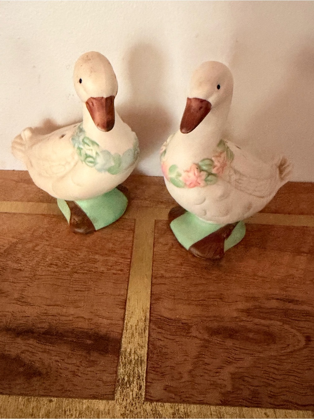Pair of Ceramic White Duck Figurines with Pastel Flower Garlands